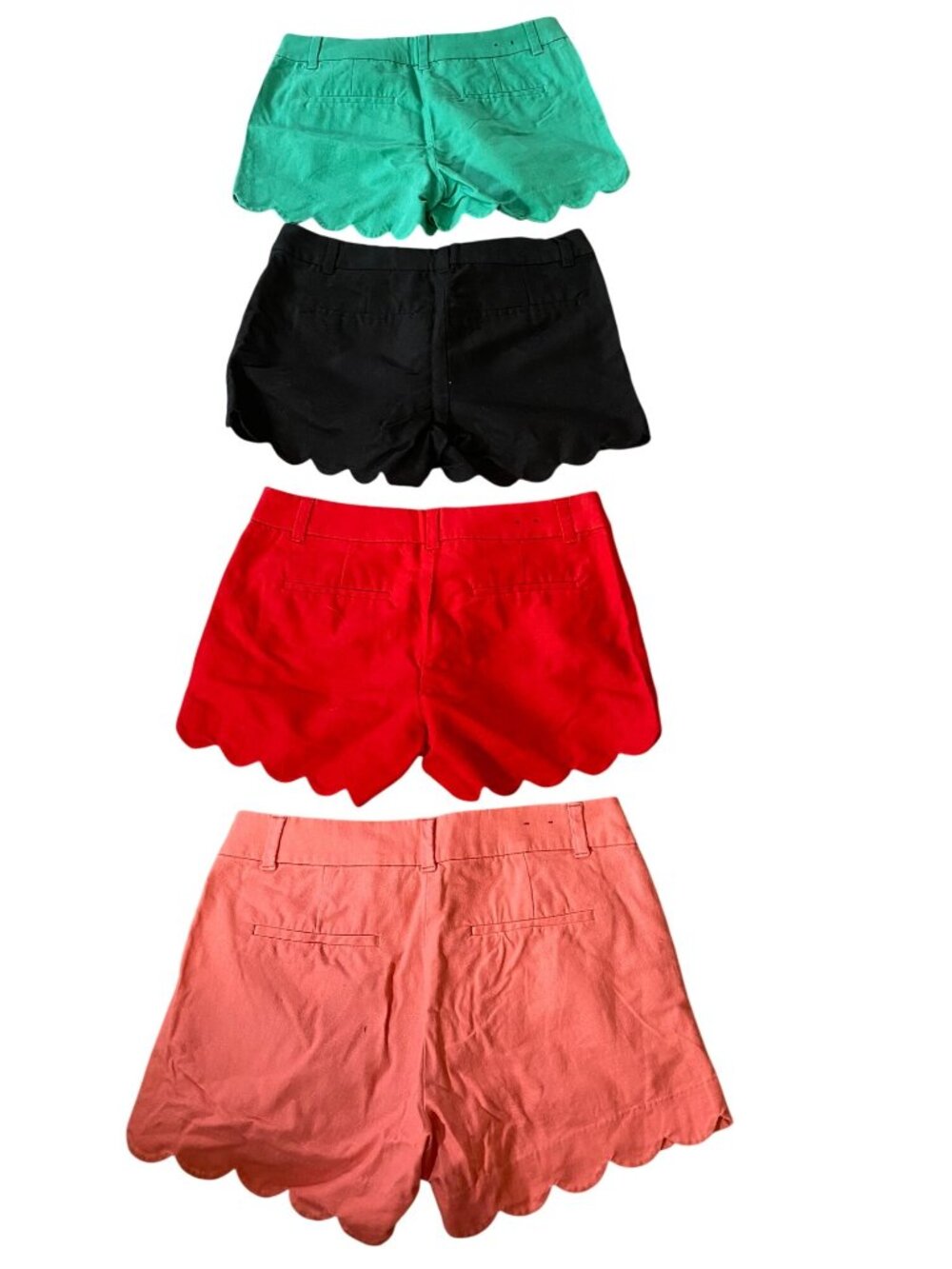 4 pairs J. Crew Scalloped Hem Linen Blend Shorts Green Black Red Coral Size 4 - Picture 2 of 8